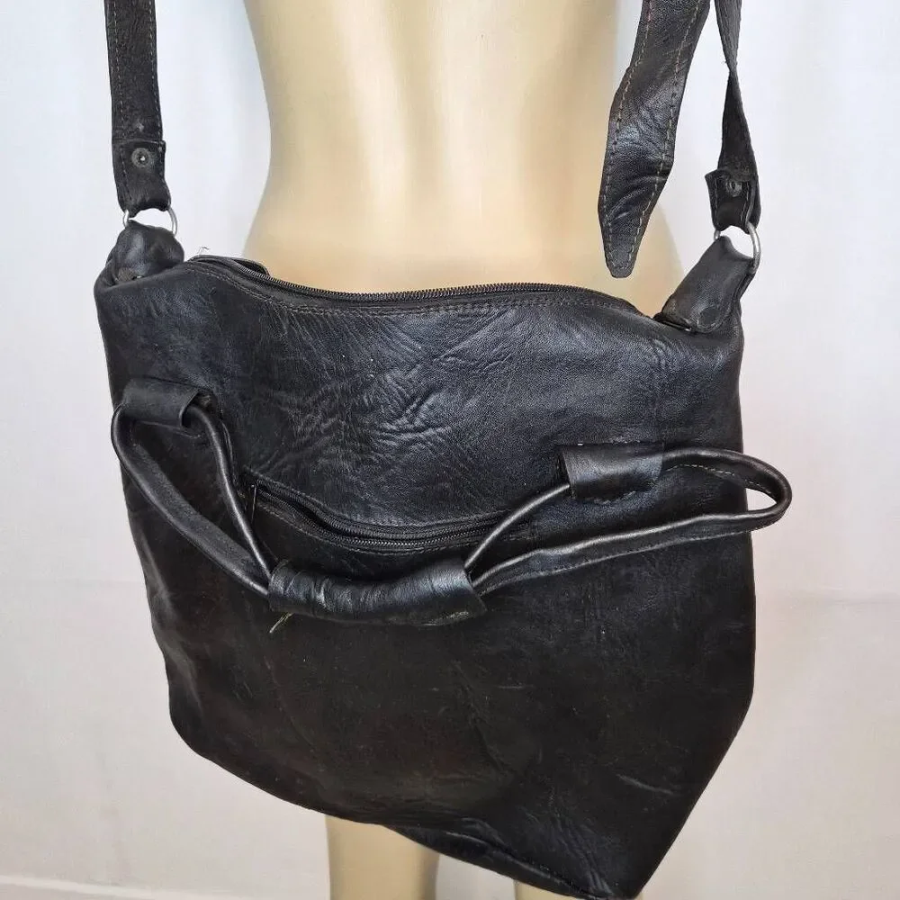 Black distressed leather hobo bag